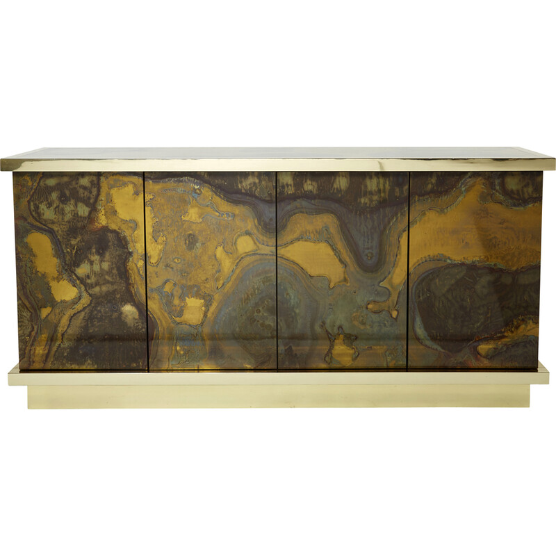 Vintage oxidized brass sideboard by Isabelle and Richard Faure for Maison Honoré, 1970