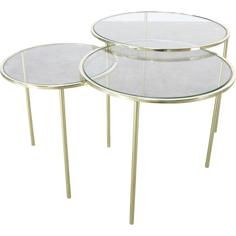 Tables gigognes rondes en verre et laiton - 1950