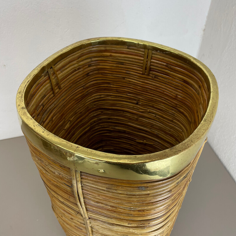 Vintage rattan and brass wastebasket, France 1960s