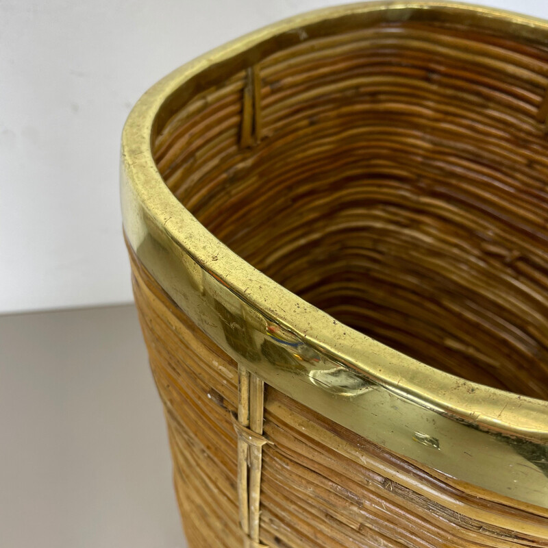 Vintage rattan and brass wastebasket, France 1960s