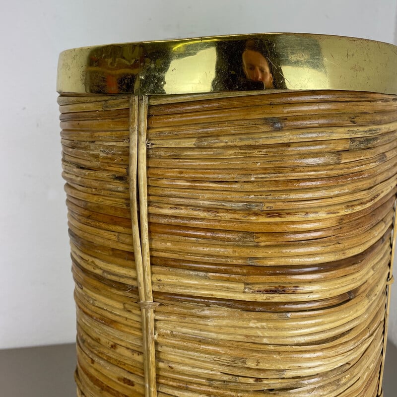 Vintage rattan and brass wastebasket, France 1960s