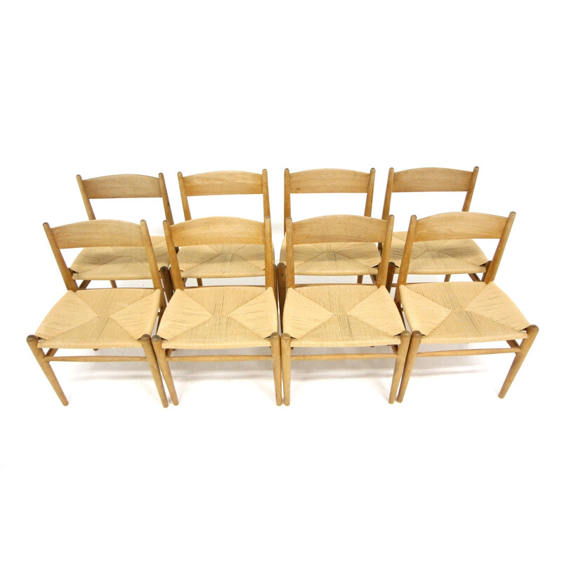 Set of 8 vintage Scandinavian oakwood and paper cord chairs by Hans J. Wegner for Carl Hansen and Søn, 1960