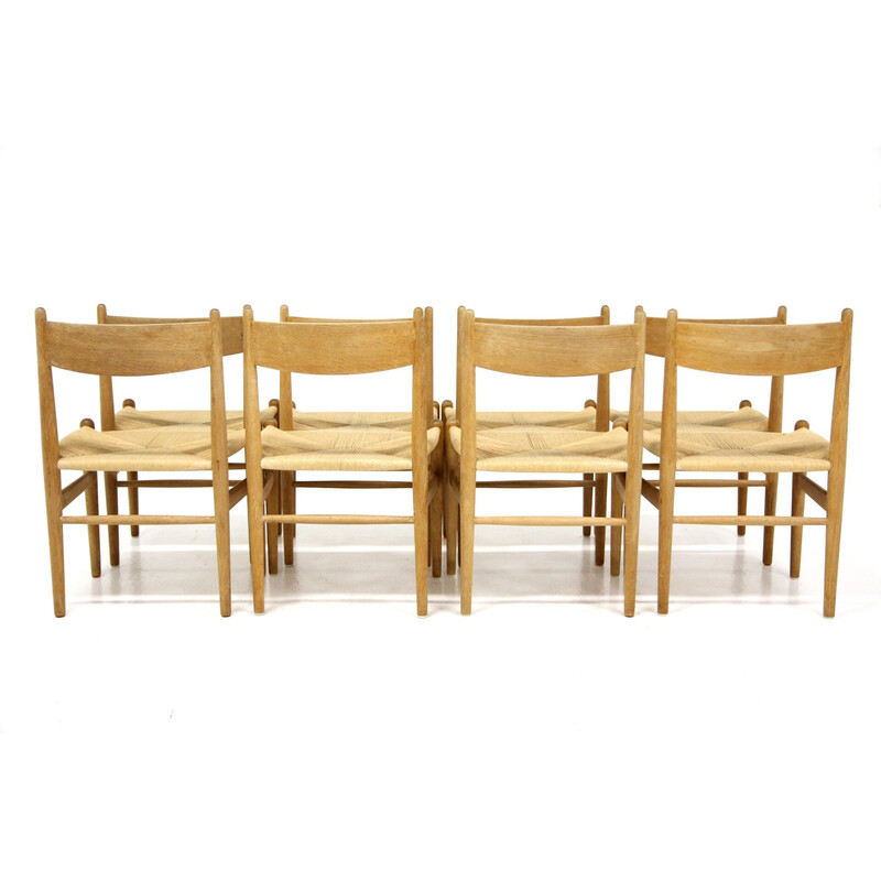 Conjunto de 8 cadeiras de carvalho escandinavo vintage e cordas de papel de Hans J. Wegner para Carl Hansen e Søn, 1960