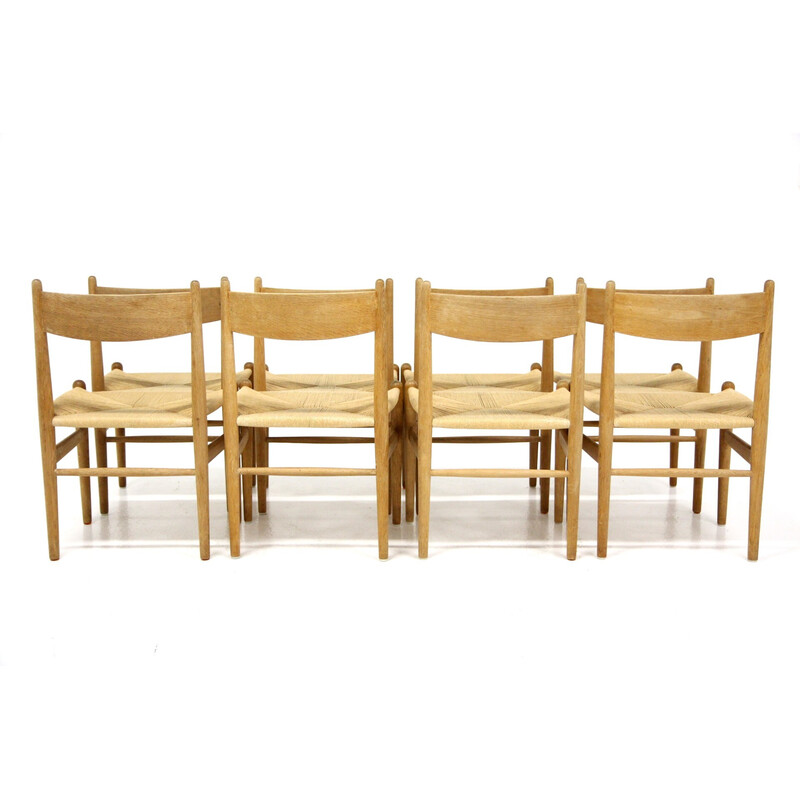 Set of 8 vintage Scandinavian oakwood and paper cord chairs by Hans J. Wegner for Carl Hansen and Søn, 1960
