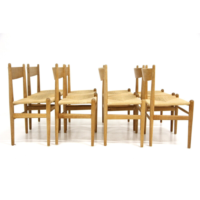 Conjunto de 8 cadeiras de carvalho escandinavo vintage e cordas de papel de Hans J. Wegner para Carl Hansen e Søn, 1960