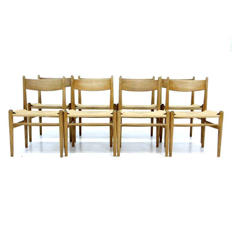 Conjunto de 8 cadeiras de carvalho escandinavo vintage e cordas de papel de Hans J. Wegner para Carl Hansen e Søn, 1960