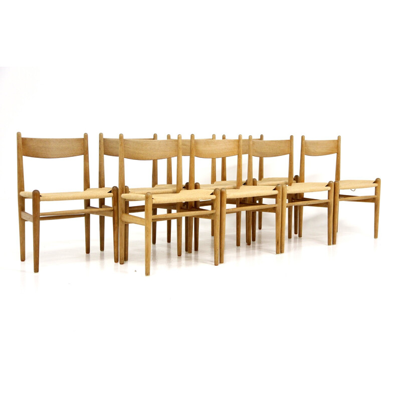 Conjunto de 8 cadeiras de carvalho escandinavo vintage e cordas de papel de Hans J. Wegner para Carl Hansen e Søn, 1960