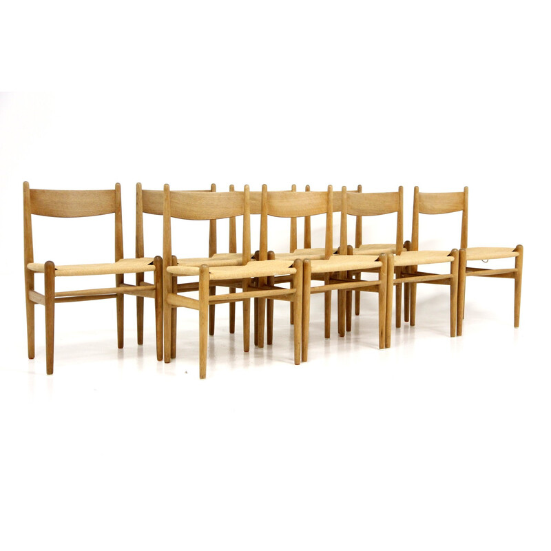 Set of 8 vintage Scandinavian oakwood and paper cord chairs by Hans J. Wegner for Carl Hansen and Søn, 1960