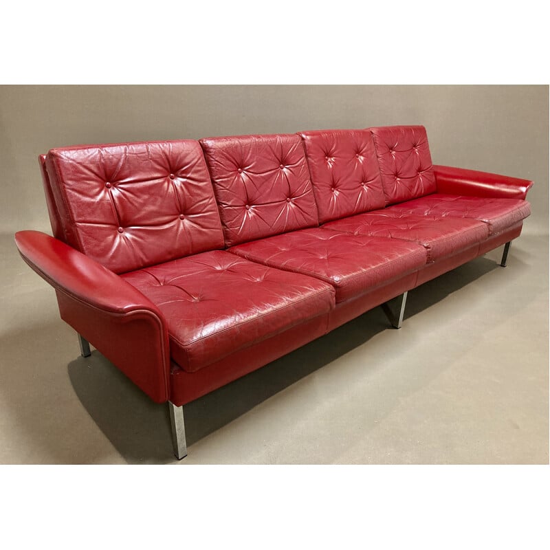 Vintage leather and metal 4-seater sofa, 1950s