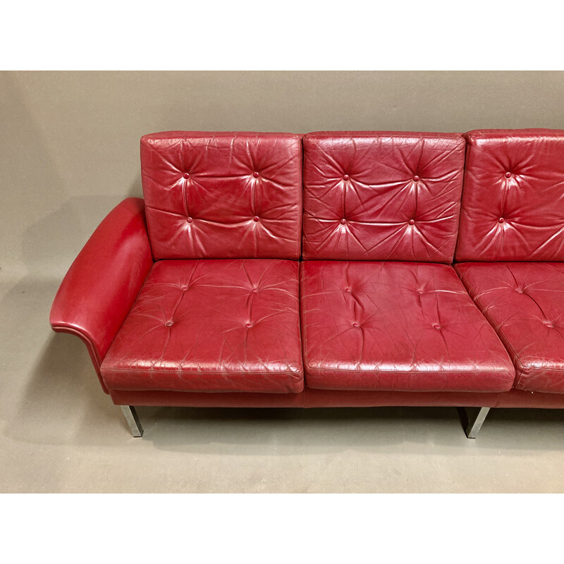 Couro Vintage e sofá de metal de 4 lugares, 1950