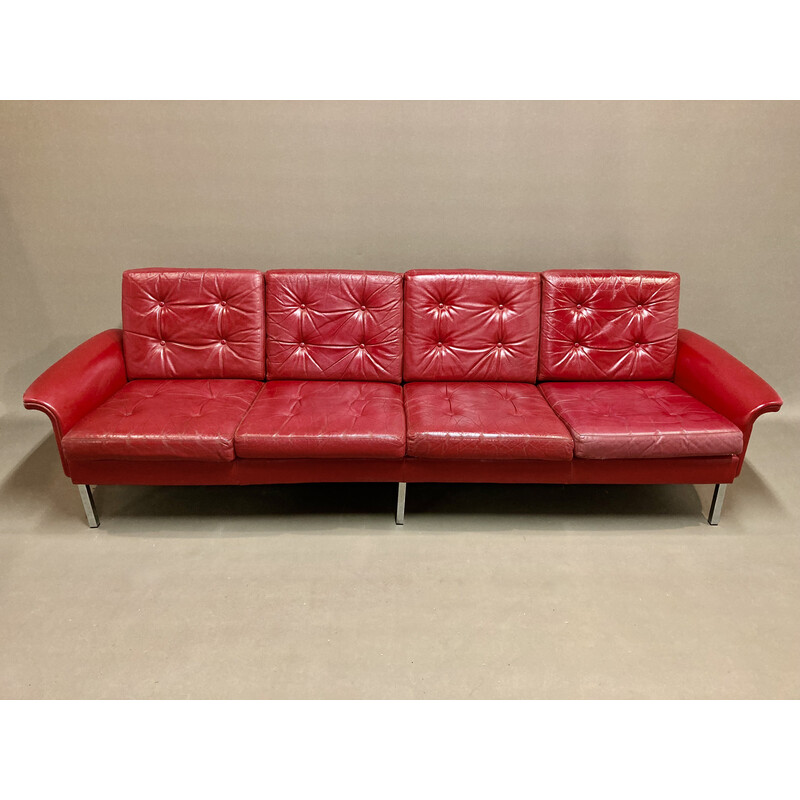 Vintage leather and metal 4-seater sofa, 1950s