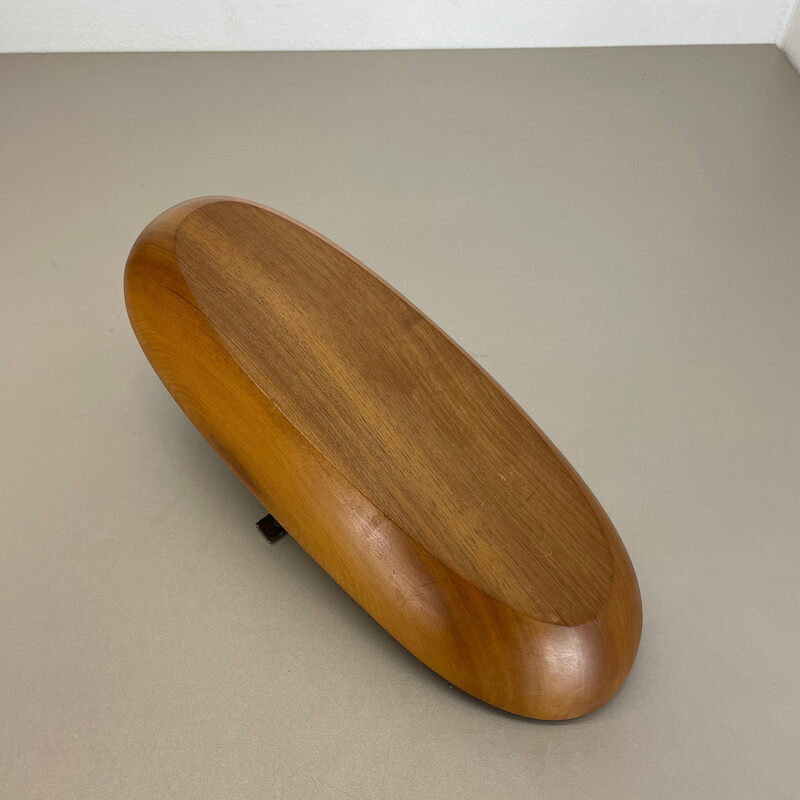 Vintage light teak bowl with brass and leather handle by Carl Auböck, Austria 1950
