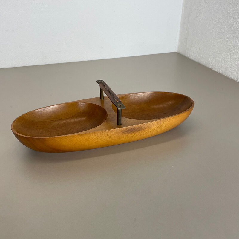 Vintage light teak bowl with brass and leather handle by Carl Auböck, Austria 1950