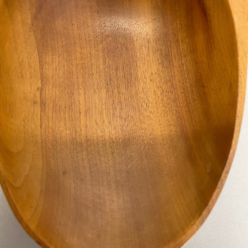 Vintage light teak bowl with brass and leather handle by Carl Auböck, Austria 1950