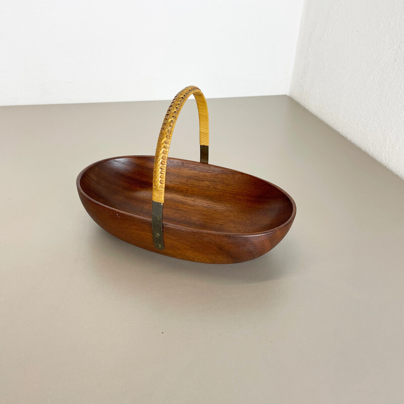 Vintage teak bowl with brass and rattan handle by Carl Auböck, Austria 1950