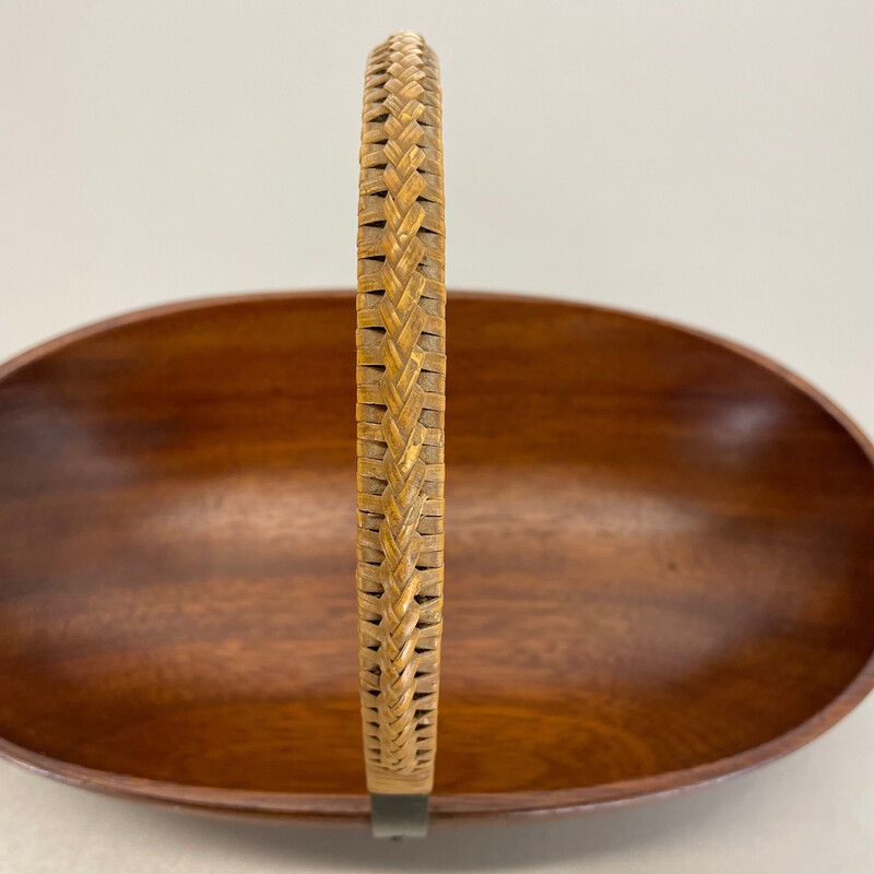 Vintage teak bowl with brass and rattan handle by Carl Auböck, Austria 1950