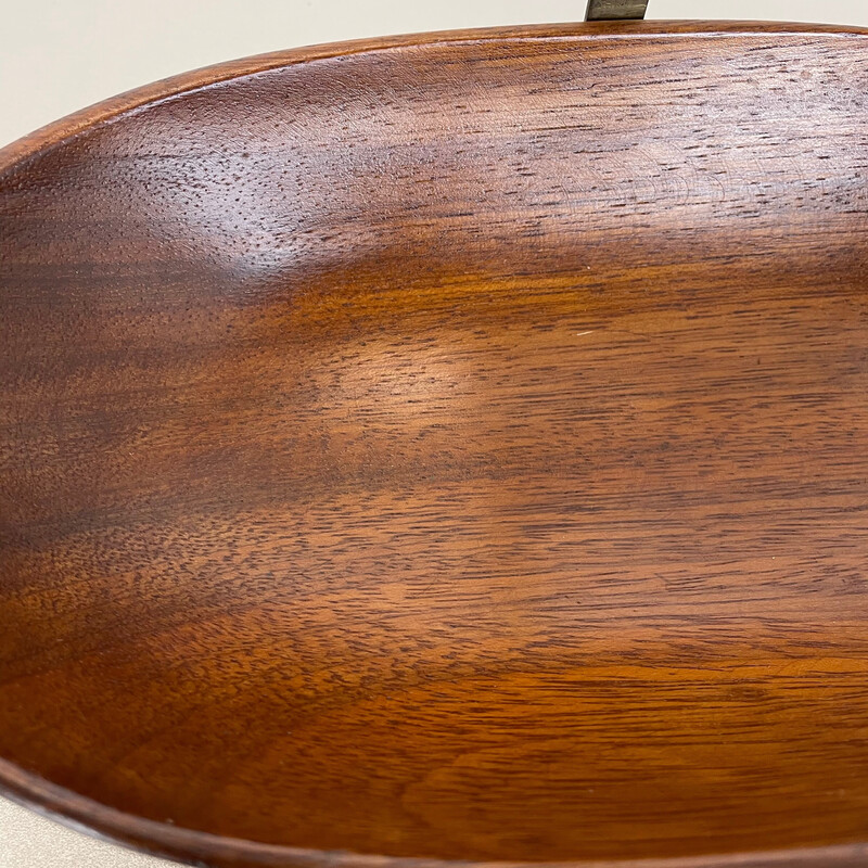 Vintage teak bowl with brass and rattan handle by Carl Auböck, Austria 1950