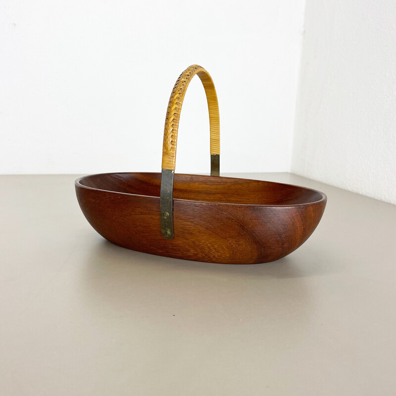 Vintage teak bowl with brass and rattan handle by Carl Auböck, Austria 1950