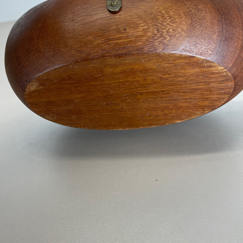 Vintage teak bowl with brass and rattan handle by Carl Auböck, Austria 1950