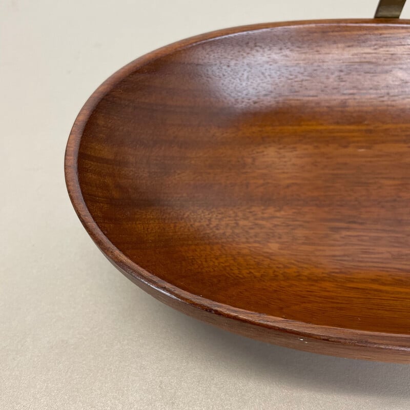 Vintage teak bowl with brass and rattan handle by Carl Auböck, Austria 1950