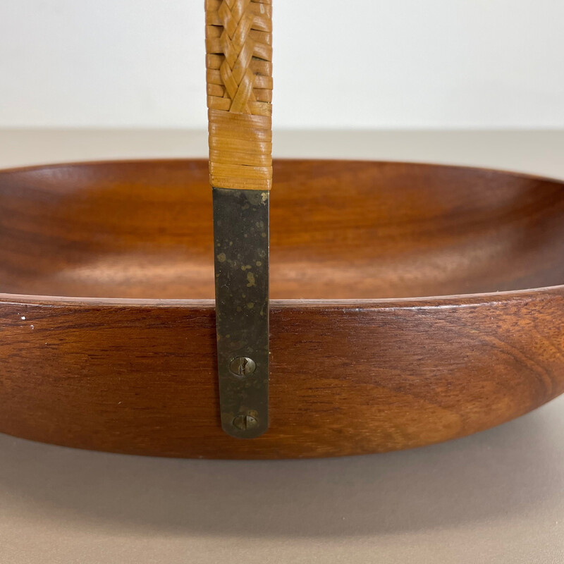 Vintage teak bowl with brass and rattan handle by Carl Auböck, Austria 1950