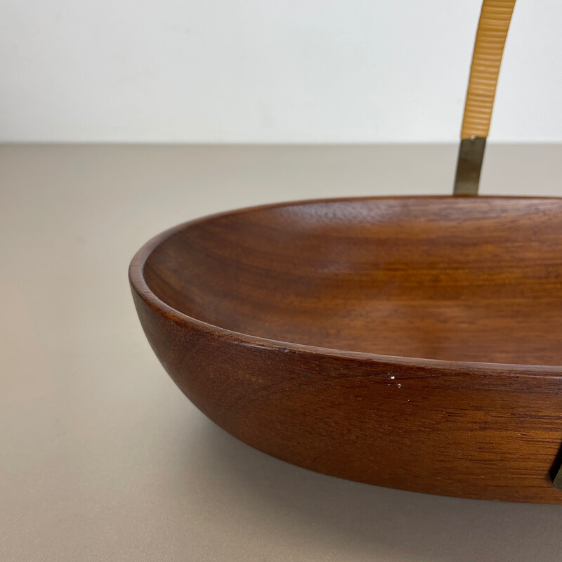 Vintage teak bowl with brass and rattan handle by Carl Auböck, Austria 1950