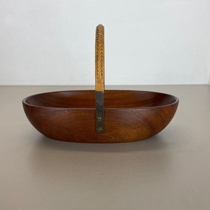 Vintage teak bowl with brass and rattan handle by Carl Auböck, Austria 1950