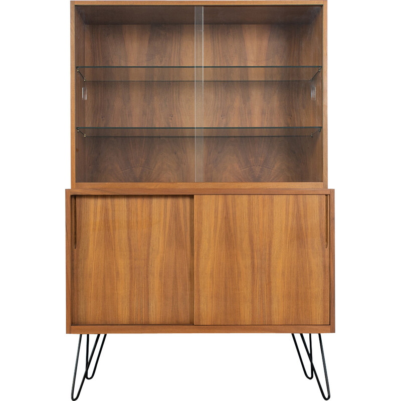 Vintage purist walnut veneer and glass display cabinet, Germany 1950