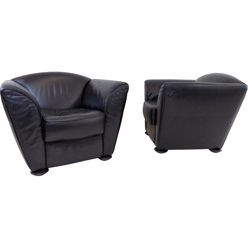 Pair of vintage Zelda armchairs in dark blue leather by Peter Maly for Cor, Germany 1980s