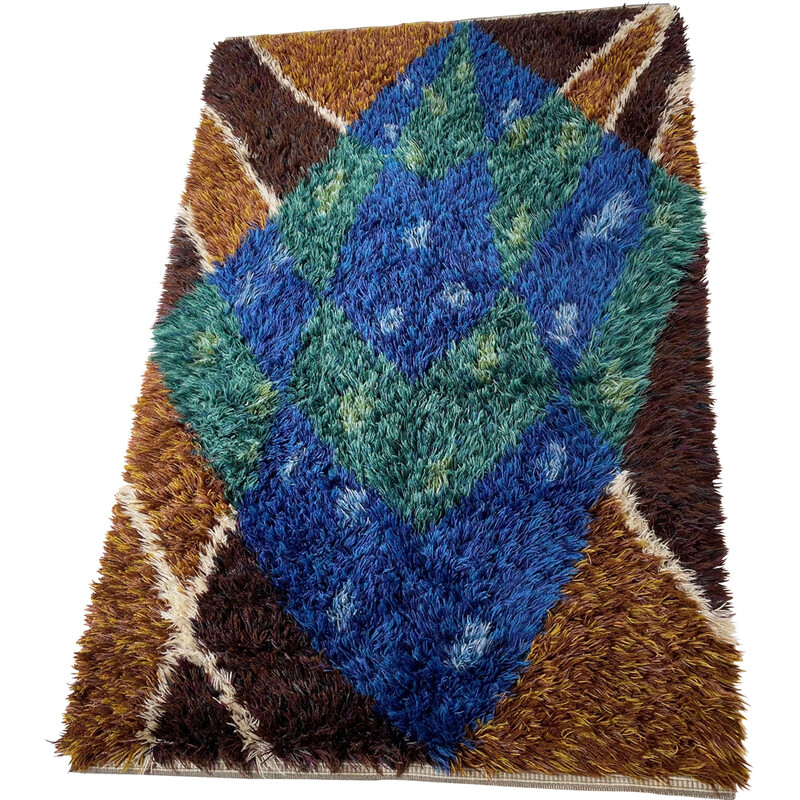 Vintage Rya rug with long pile in multicolored wool, Sweden 1960s