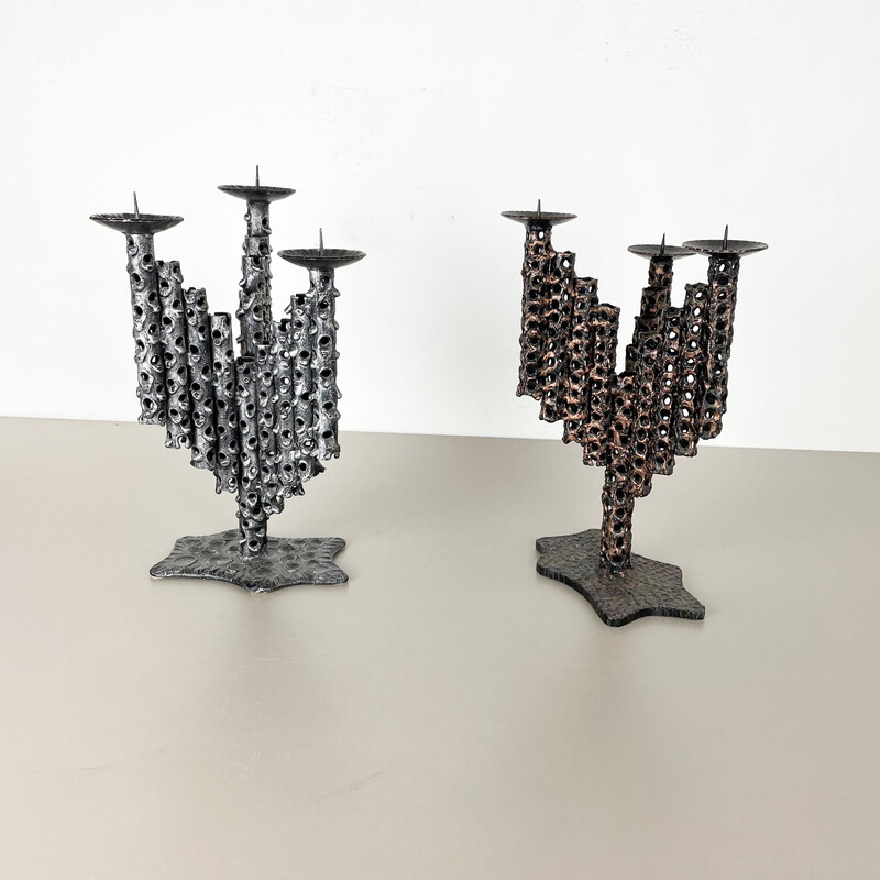 Pair of vintage brutalist metal candlesticks, France 1970s