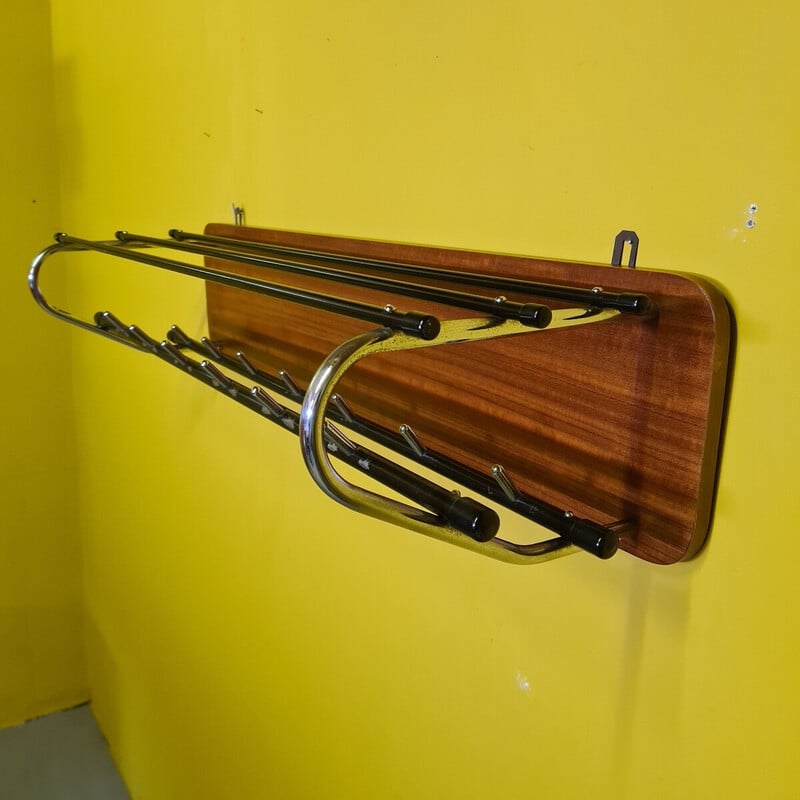Mid century wooden and metal wall coat rack, 1950s