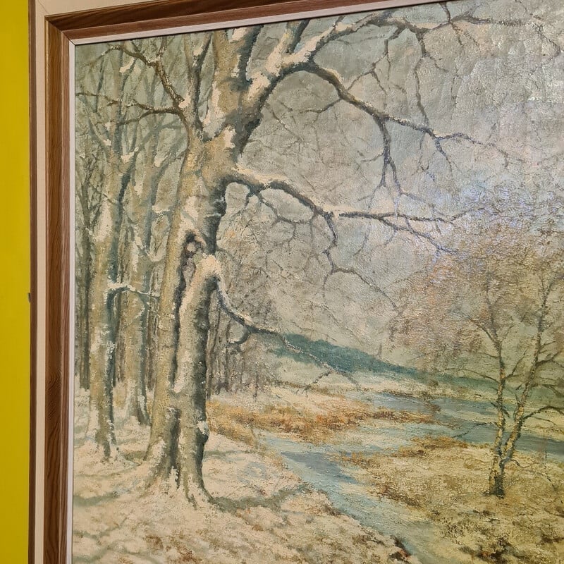 Peinture hollandaise vintage "Paysage d'hiver" par J. Kayser