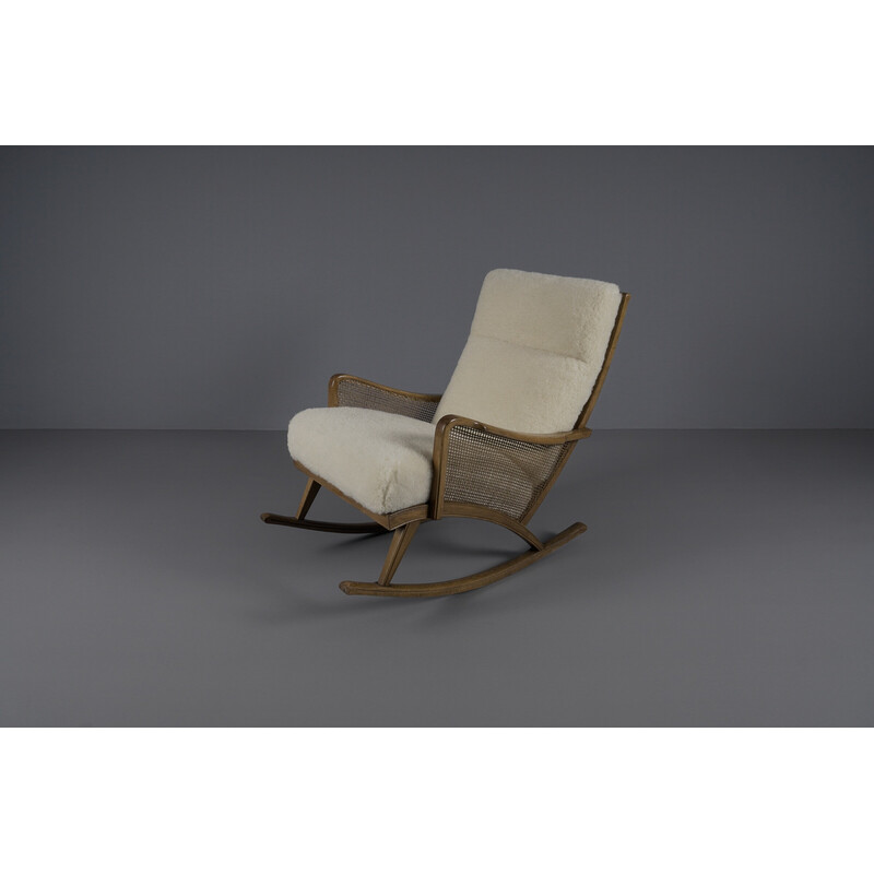 Vintage Cozy wooden rocking chair with sheepskin, 1950s