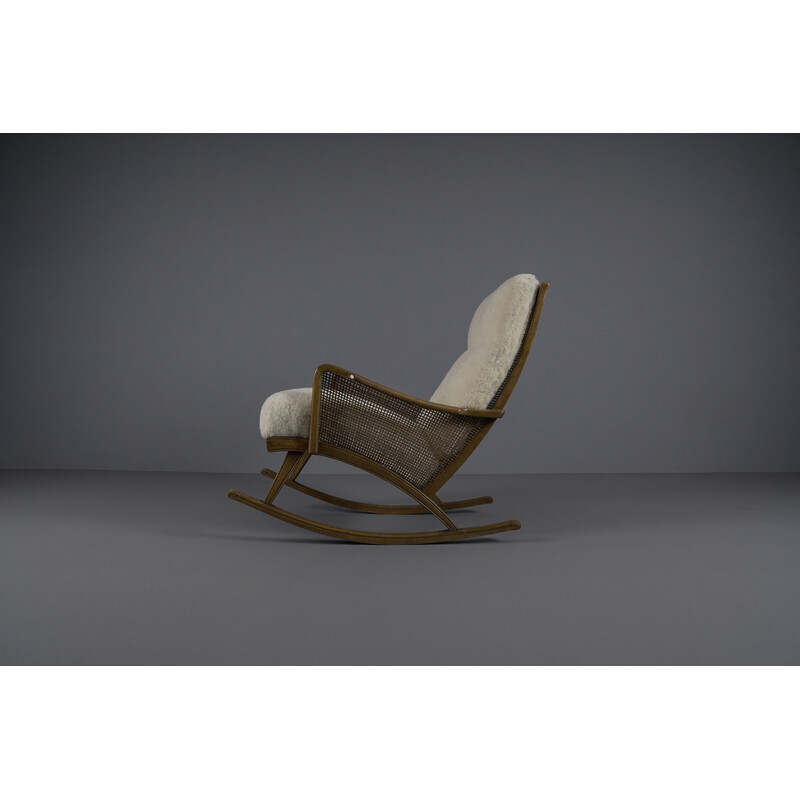 Vintage Cozy wooden rocking chair with sheepskin, 1950s