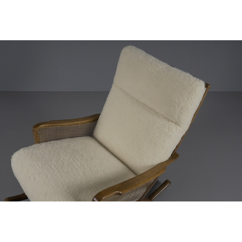 Vintage Cozy wooden rocking chair with sheepskin, 1950s