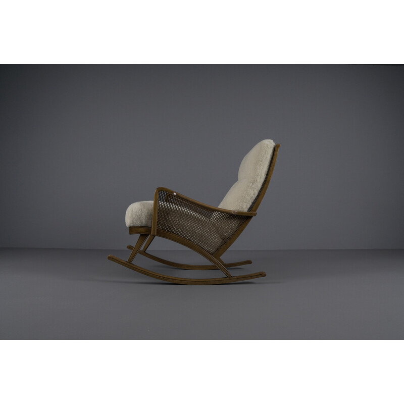 Vintage Cozy wooden rocking chair with sheepskin, 1950s