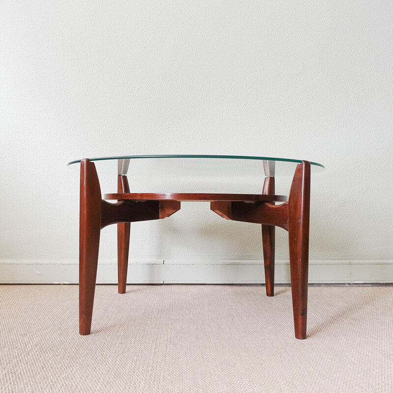 Round vintage coffee table in walnut and glass for Wilhelm Renz, Germany 1960s