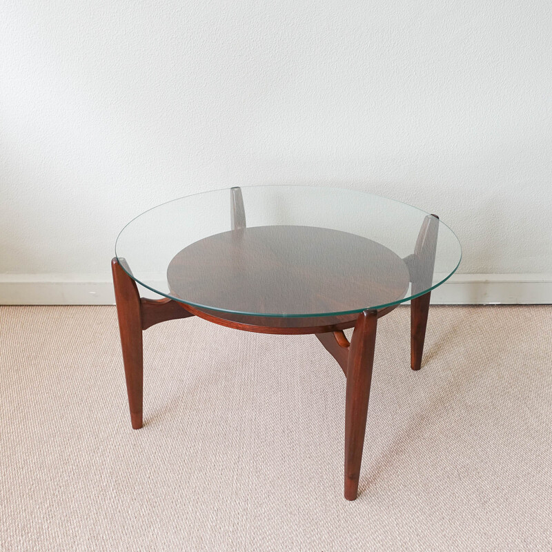 Round vintage coffee table in walnut and glass for Wilhelm Renz, Germany 1960s
