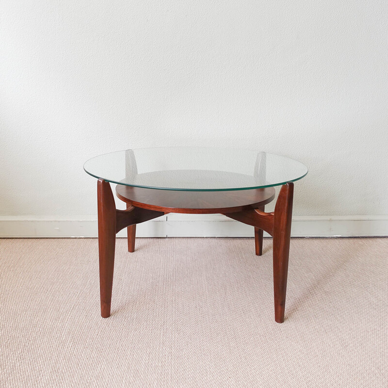 Round vintage coffee table in walnut and glass for Wilhelm Renz, Germany 1960s