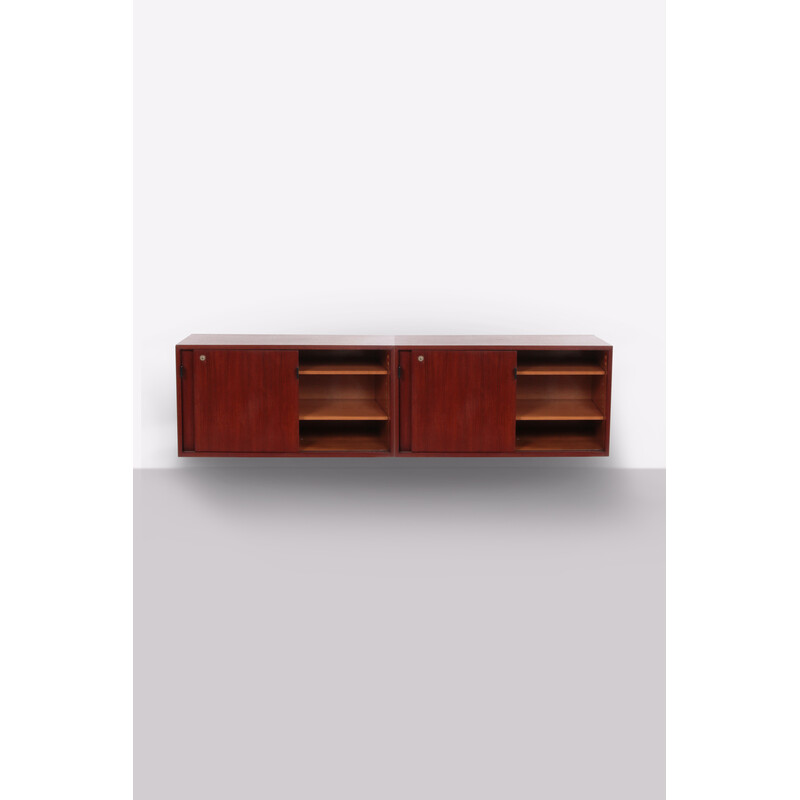 Cassettiera da parete vintage in legno e pelle di Florence Knoll per Knoll International, Germania 1960