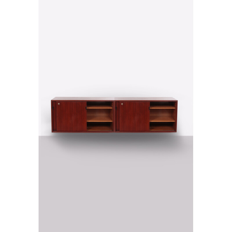 Vintage wood and leather wall chest of drawers by Florence Knoll for Knoll International, Germany 1960s