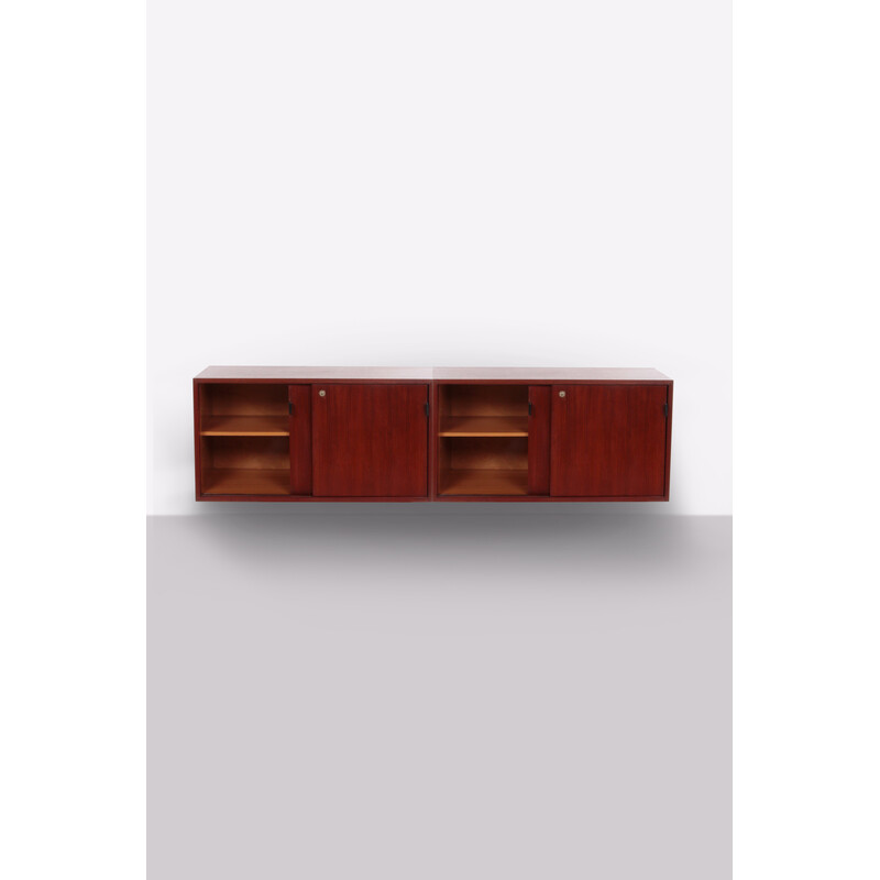 Vintage wood and leather wall chest of drawers by Florence Knoll for Knoll International, Germany 1960s