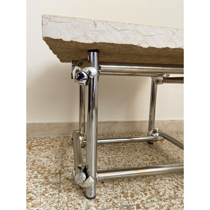 Table basse vintage en chrome et en travertin, Italie 1970