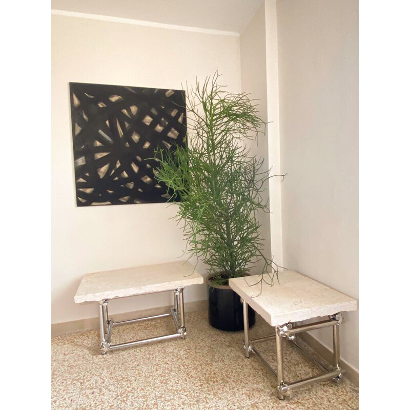 Vintage chrome and travertine coffee table, Italy 1970