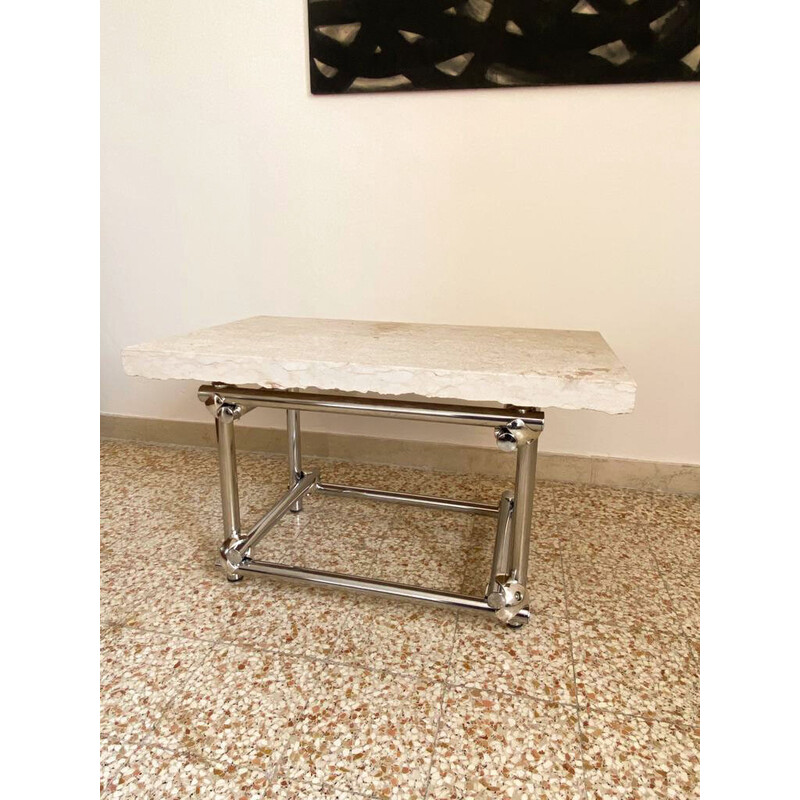 Table basse vintage en chrome et en travertin, Italie 1970