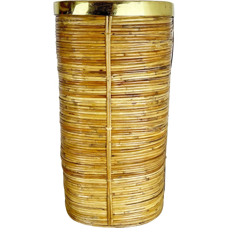 Vintage rattan and brass wastebasket, France 1960s