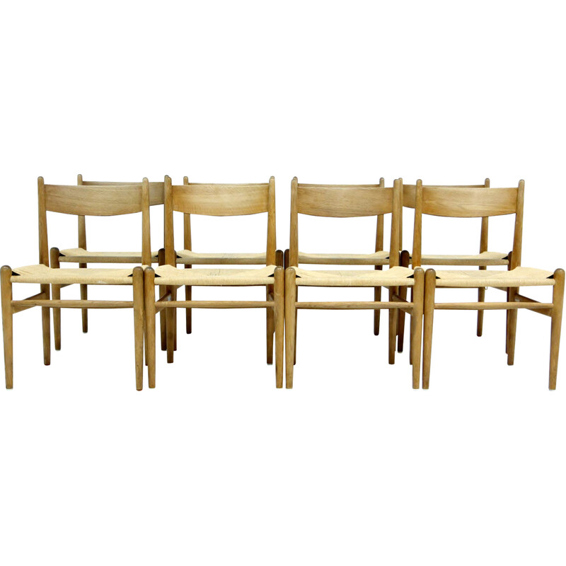 Conjunto de 8 cadeiras de carvalho escandinavo vintage e cordas de papel de Hans J. Wegner para Carl Hansen e Søn, 1960