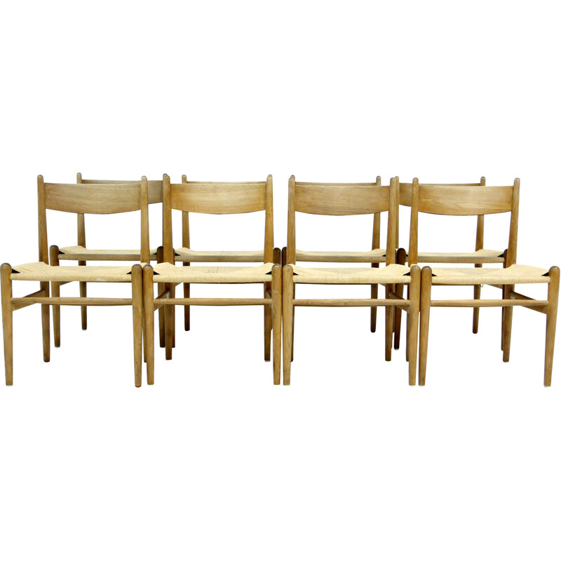 Set of 8 vintage Scandinavian oakwood and paper cord chairs by Hans J. Wegner for Carl Hansen and Søn, 1960