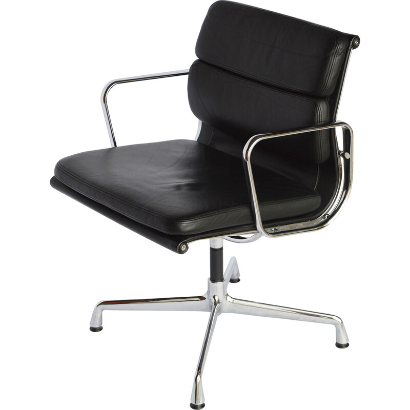 Cadeira de escritório Vintage Eames Ea 208 em cromo e couro de Vitra